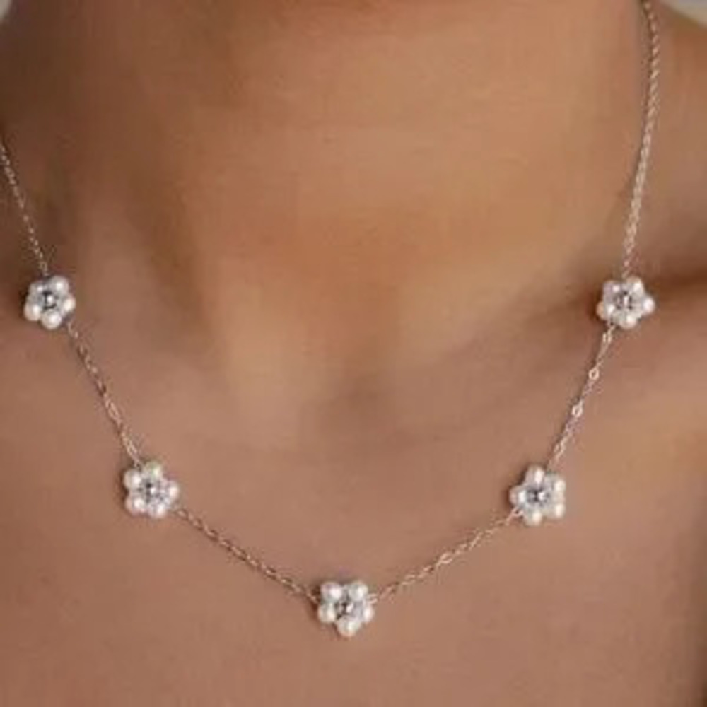 Luxe Stainless Steel Faux Pearl Flower Necklace